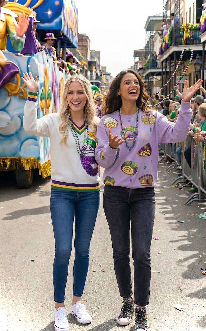 MASQUERADE- Mardi Gras Sequin Embroidered Mask V neck Sweatshirt