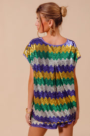 MARDI GRAS WAVY SEQUINS DOLMAN TOP