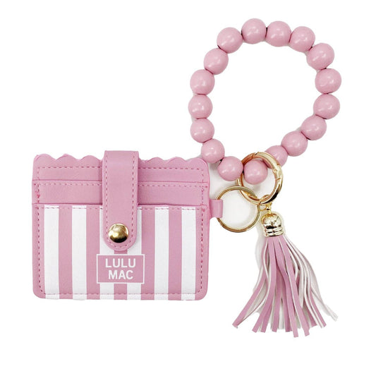 LULU MAC Beaded Wristlet ID Wallet Pink Stripe Darby