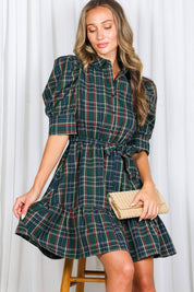 Plaid Short Puff Sleeve Mini Dress
