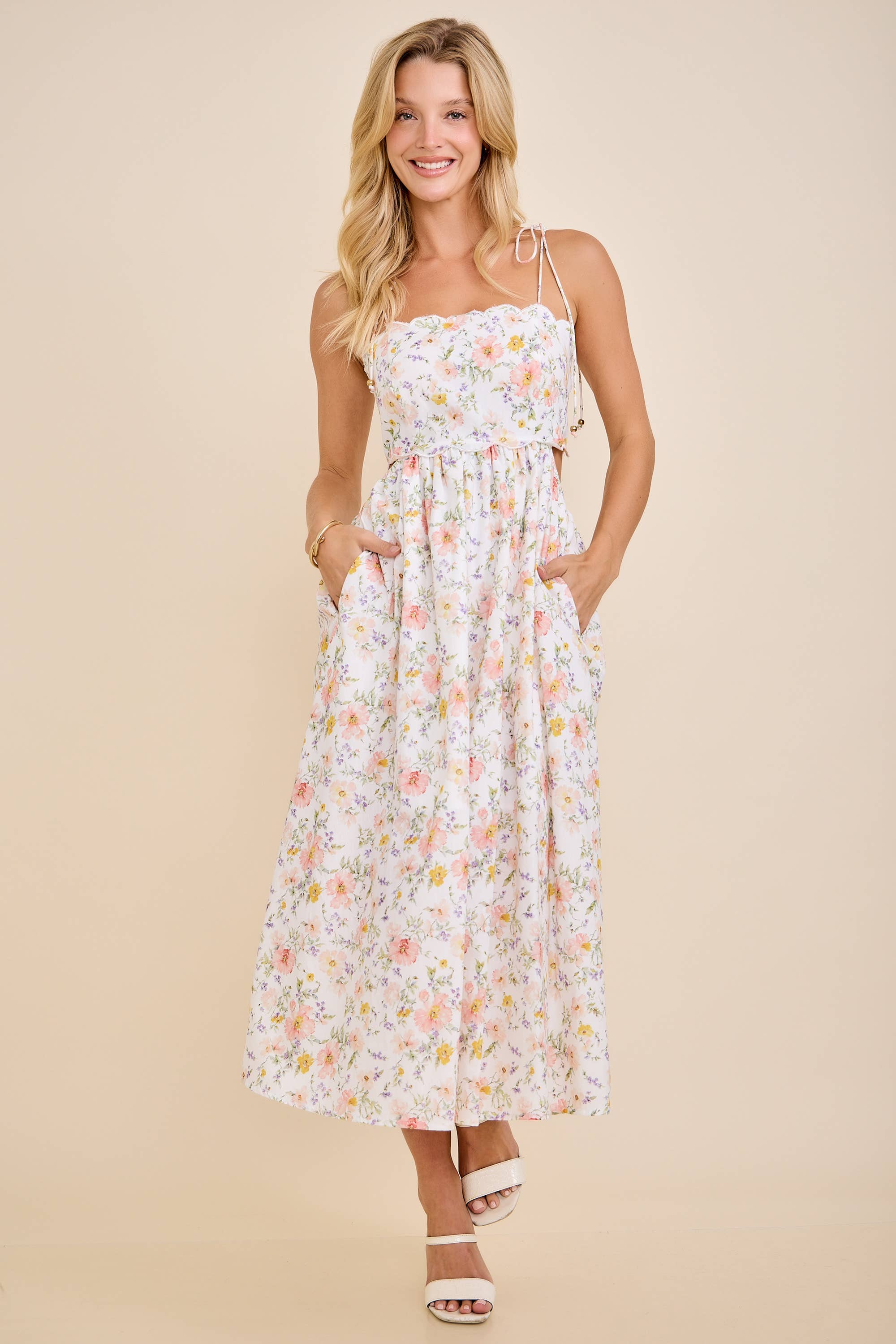 So Spring!- Scallop Edge  Floral Midi Dress