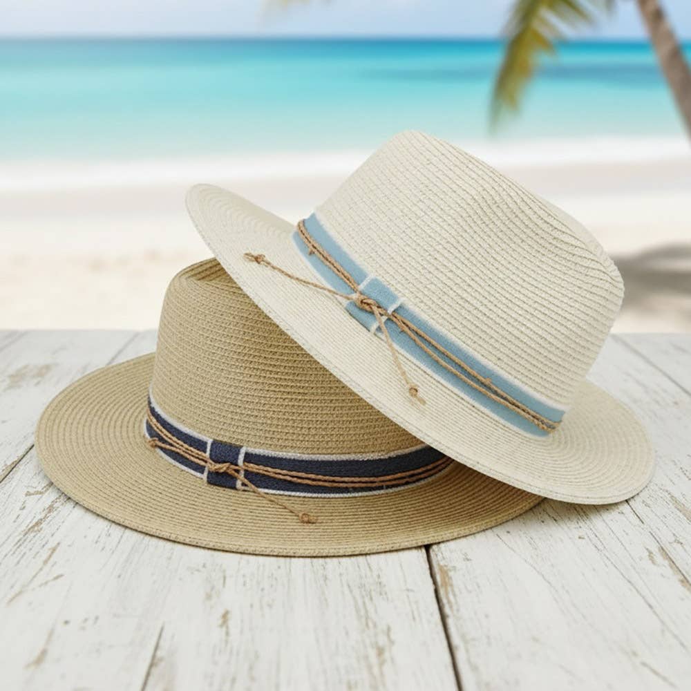 STRAW FEDORA HAT WITH CONTRAST RIBBON AND BRAIDED , MH 0280