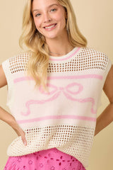 Spring Bows- Sweater Knit Top With Ribbon Bow Jacquard