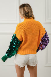 MARDI GRAS SPANGLED SLEEVE COLOR BLOCK SWEATER