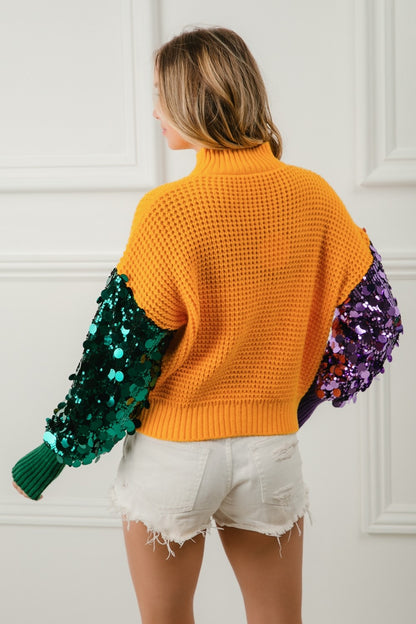 MARDI GRAS SPANGLED SLEEVE COLOR BLOCK SWEATER