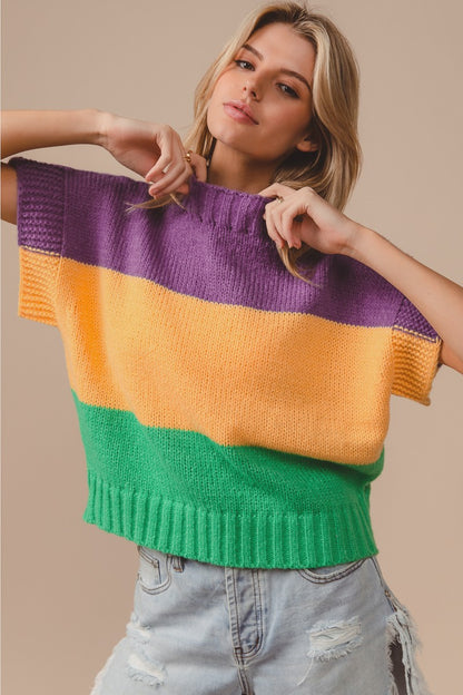 MARDI GRAS COLOR BLOCK DROP SHOULDER SWEATER TOP