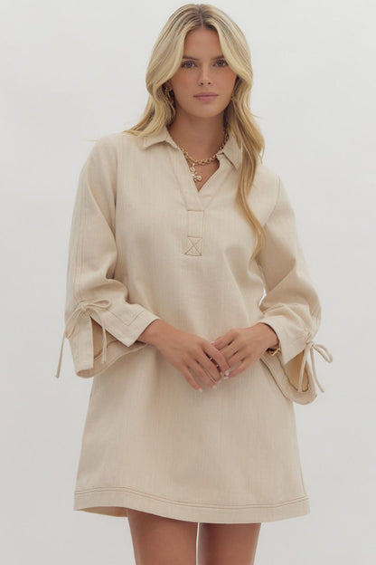 Denim Long Sleeve Pullover Dress - Sand