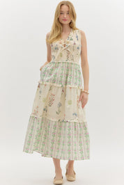 Dainty- Multi floral print ruffle midi dress
