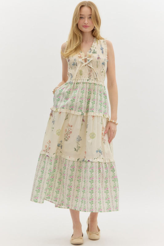 Dainty- Multi floral print ruffle midi dress