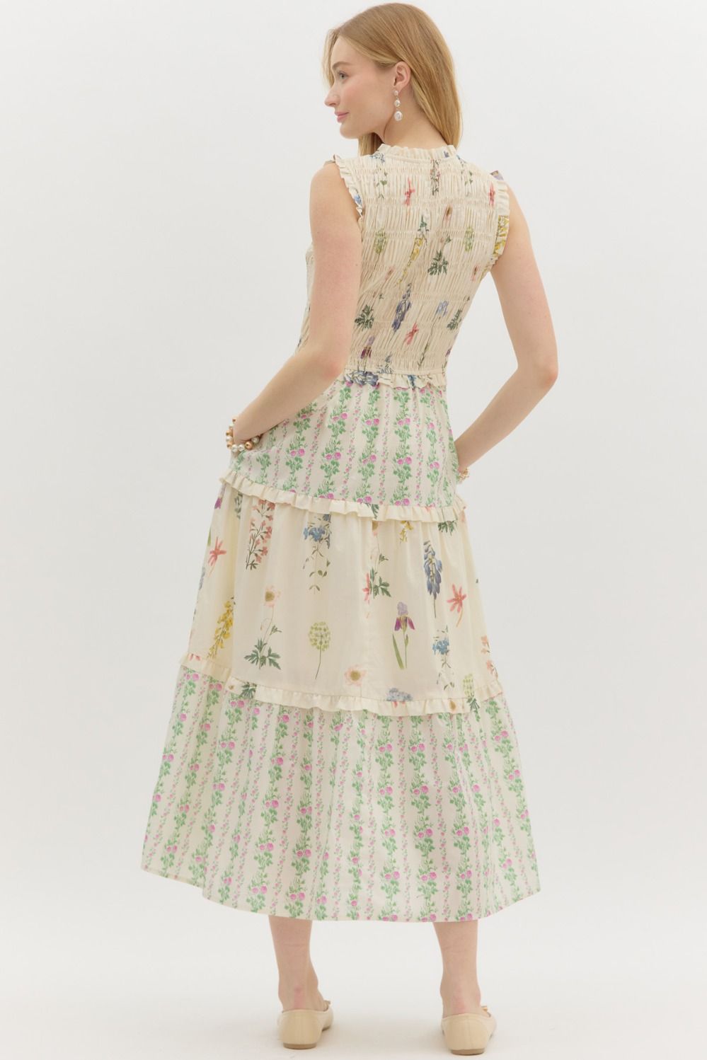 Dainty- Multi floral print ruffle midi dress