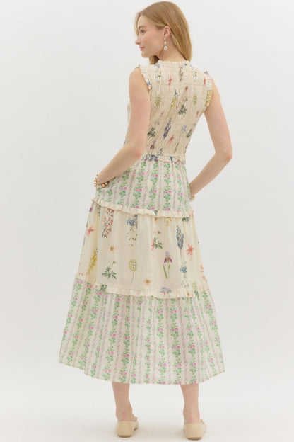 Dainty- Multi floral print ruffle midi dress