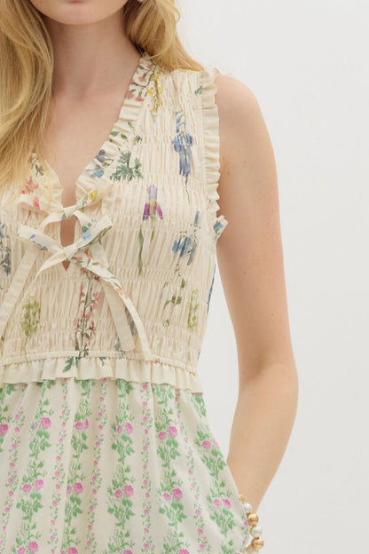 Dainty- Multi floral print ruffle midi dress