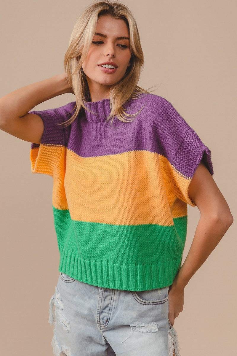 MARDI GRAS COLOR BLOCK DROP SHOULDER SWEATER TOP