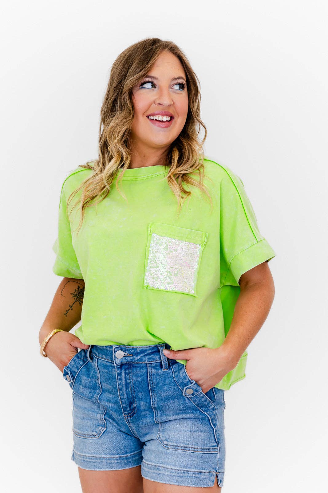 Faeve Lime Green Washed SPARKLE Pocket Top
