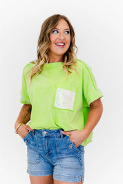 Faeve Lime Green Washed SPARKLE Pocket Top