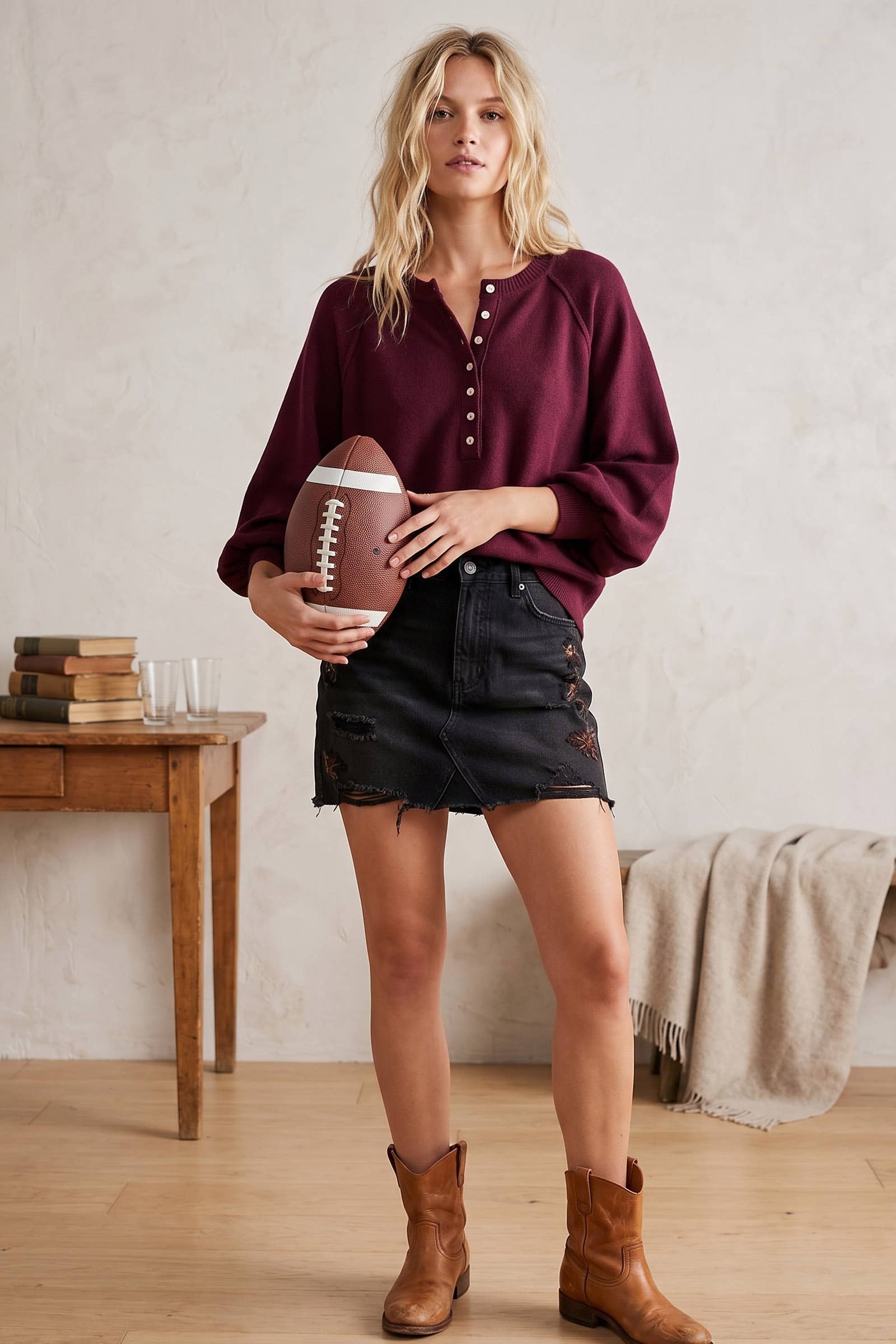 Henley Balloon Sleeve Sweater Top