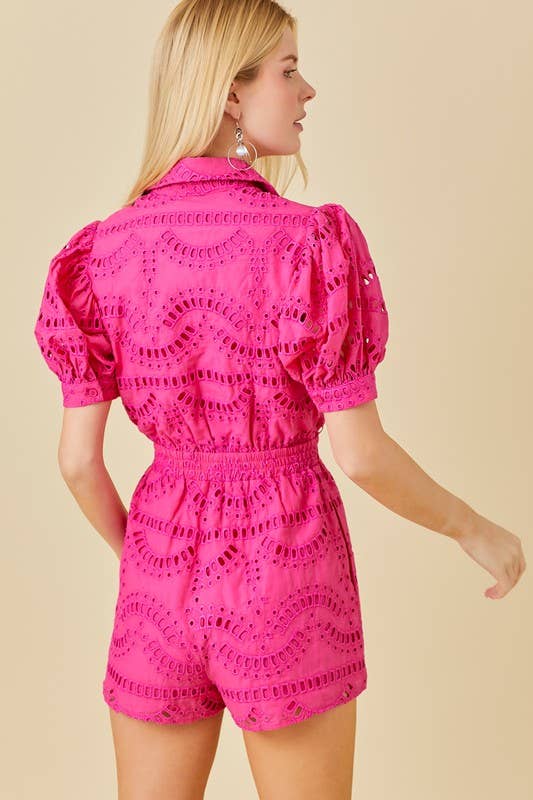 Love In Bloom- Eyelet Lace Puff Sleeve Romper