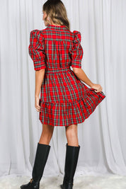 Plaid Short Puff Sleeve Mini Dress