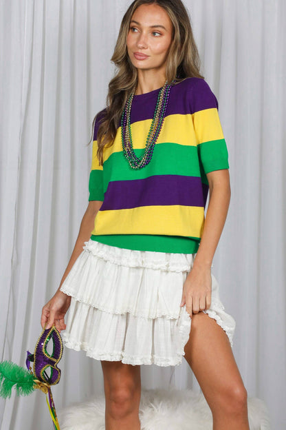 On the Route - Mardi Gras Crew Neck Color Block Top