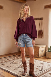 Henley Balloon Sleeve Sweater Top