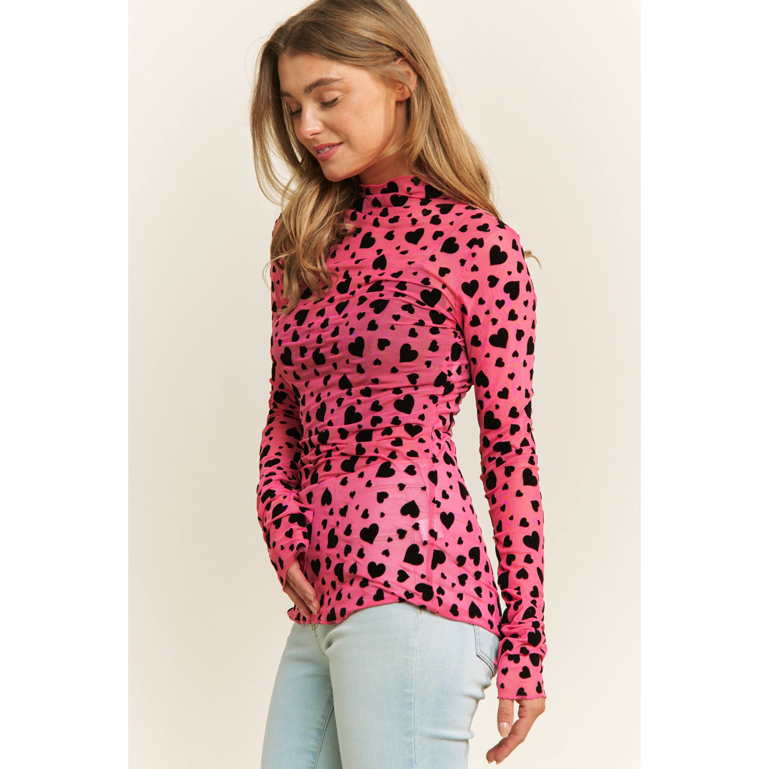 MESH HEART FLOCKING HIGH NECK DESIGN LONG SLEEVE FITTED TOP