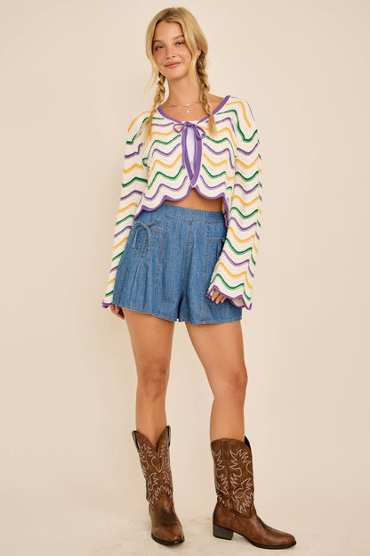 IRIS- Mardi Gras Wave Stripe Tie Cardigan – Festive Knit