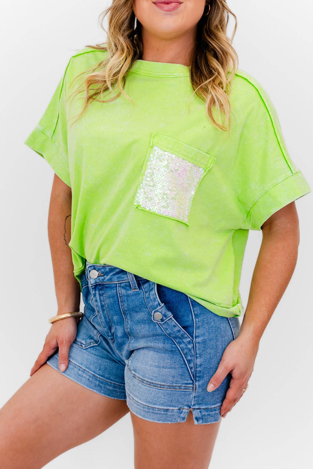 Faeve Lime Green Washed SPARKLE Pocket Top