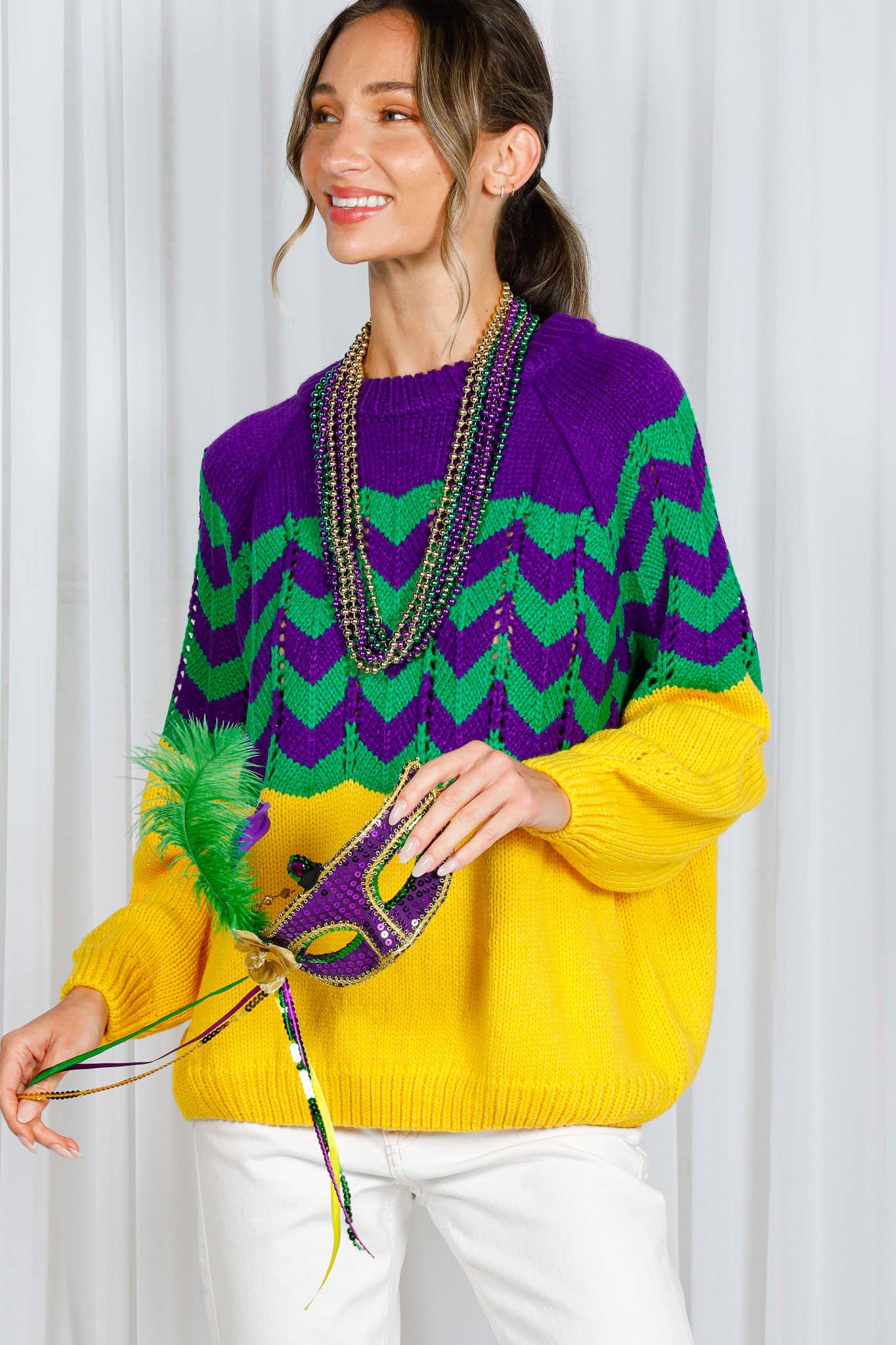 Holiday- Fair Isle Accent Mardi Gras Knitted Sweater
