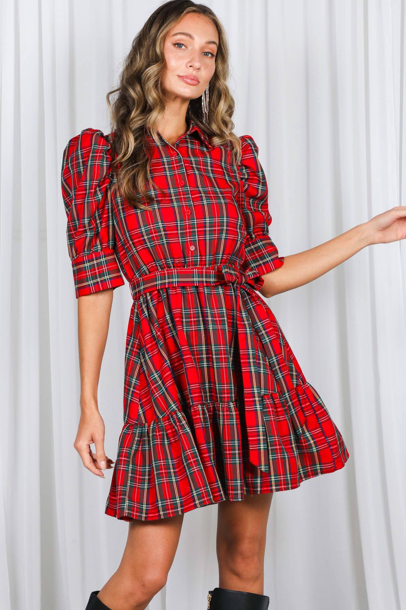 Plaid Short Puff Sleeve Mini Dress