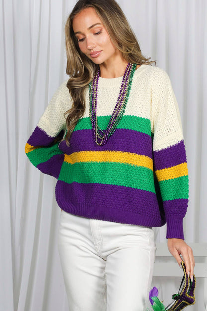 THOTH- Mardi Gras Multi Color Block Waffle Textured Sweater