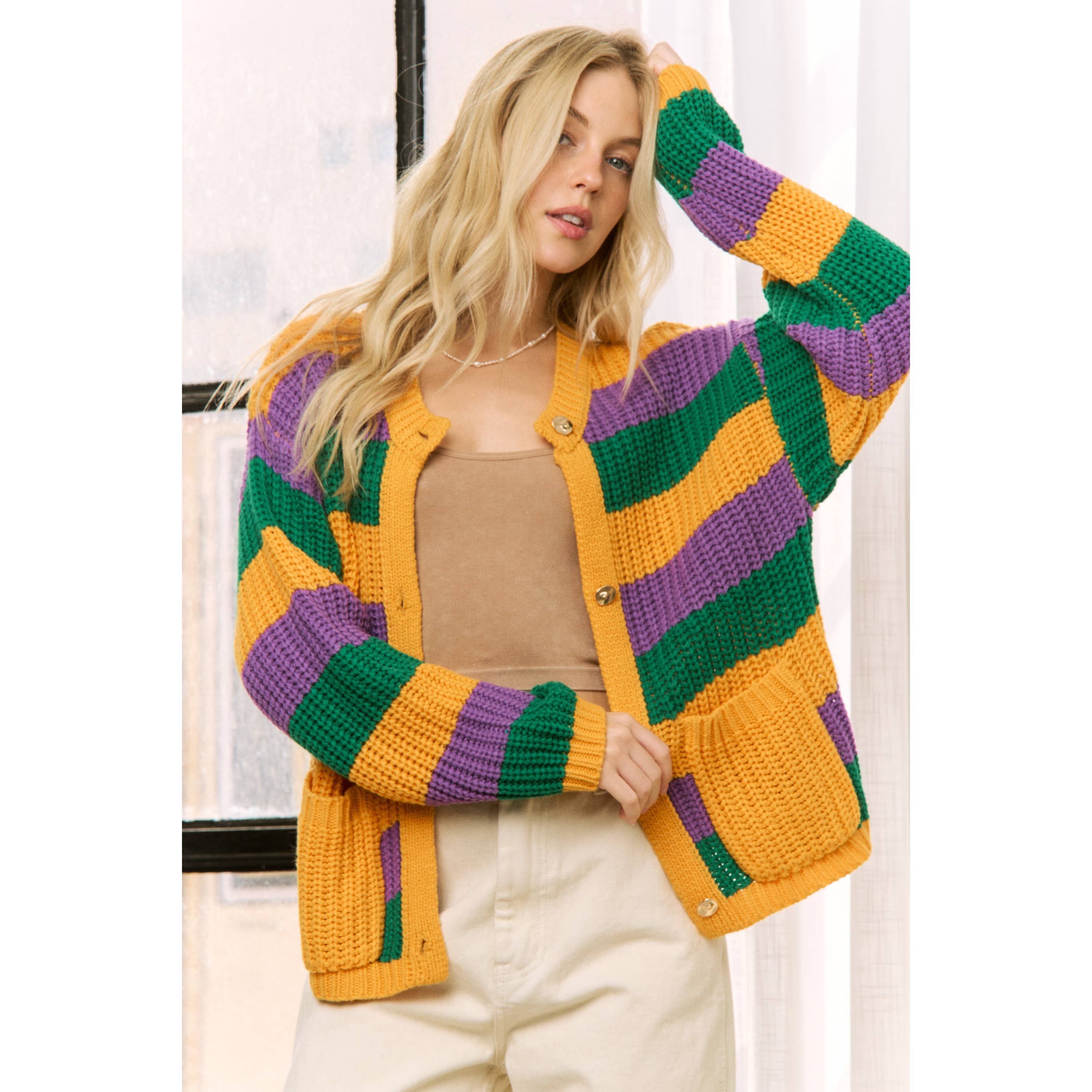 Krewe of Chaos- MARDI GRAS STRIPED CARDIGAN