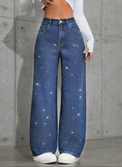 Shiny Rhinestone Wide-Leg Jeans