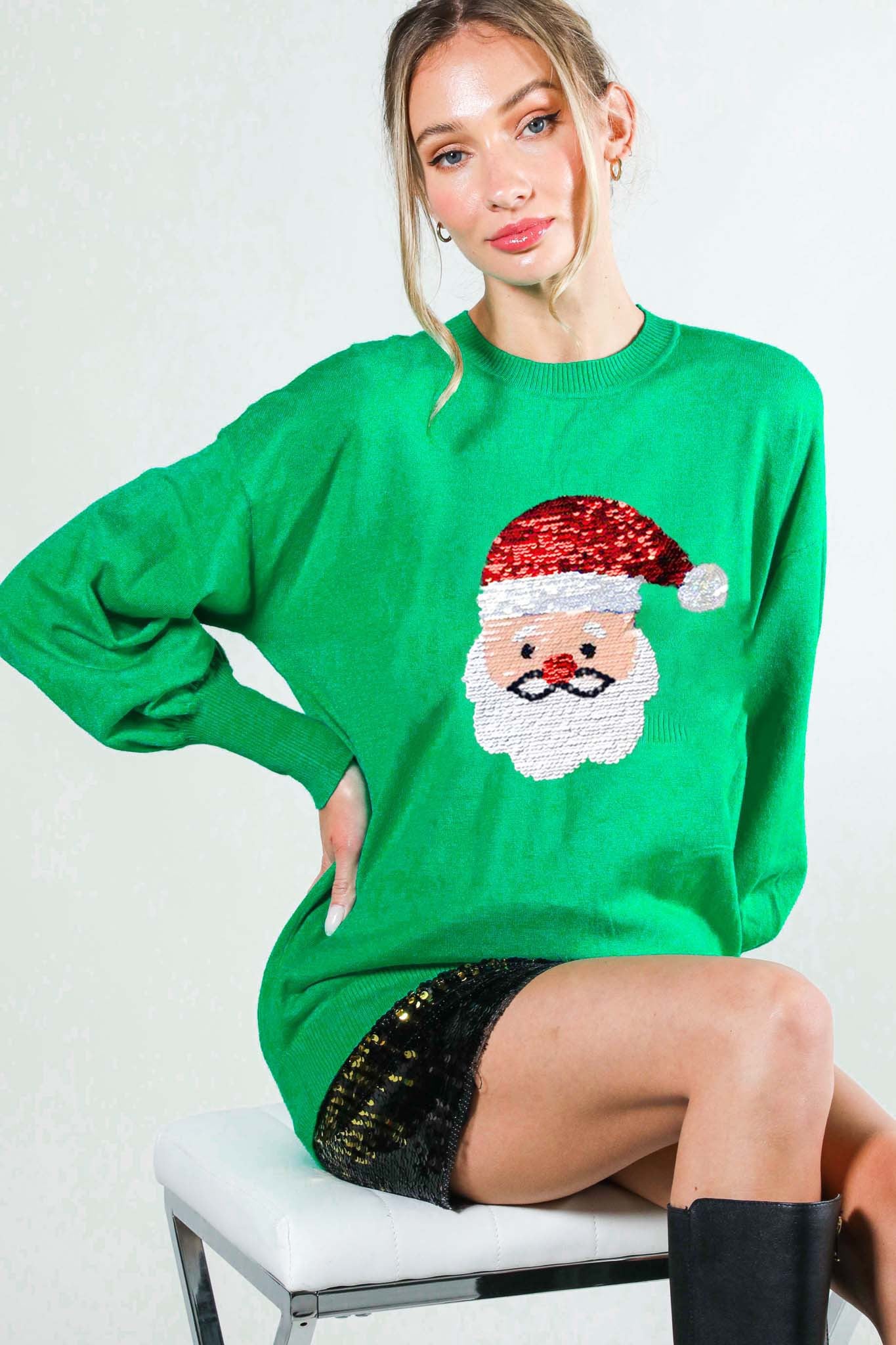 SEQUIN SANTA DETAIL SWEATER TOP- GREEN