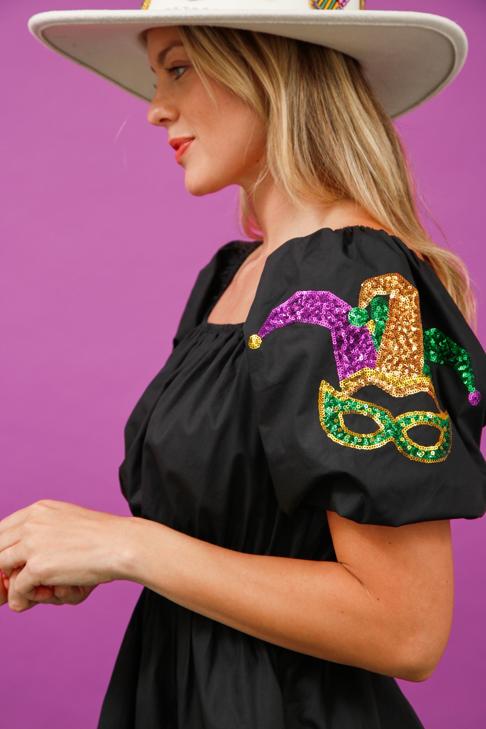 Poplin Square Neck Mini MARDI GRAS DRESS - FINAL SALE