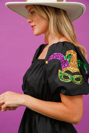 Poplin Square Neck Mini MARDI GRAS DRESS - FINAL SALE