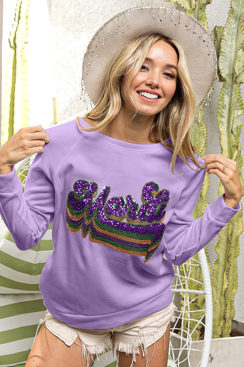 LAYERED MARDI SEQUIN LETTERING PULLOVER- PURPLE