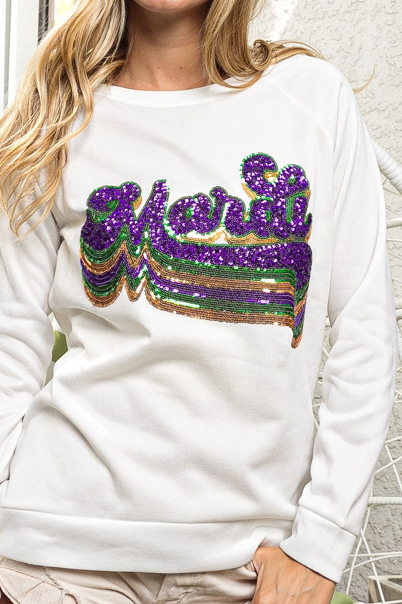 LAYERED MARDI SEQUIN LETTERING PULLOVER- PURPLE