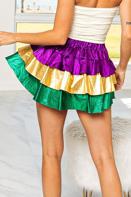 MARDI GRAS COLOR BLOCK METALLIC TIERED SKIRT