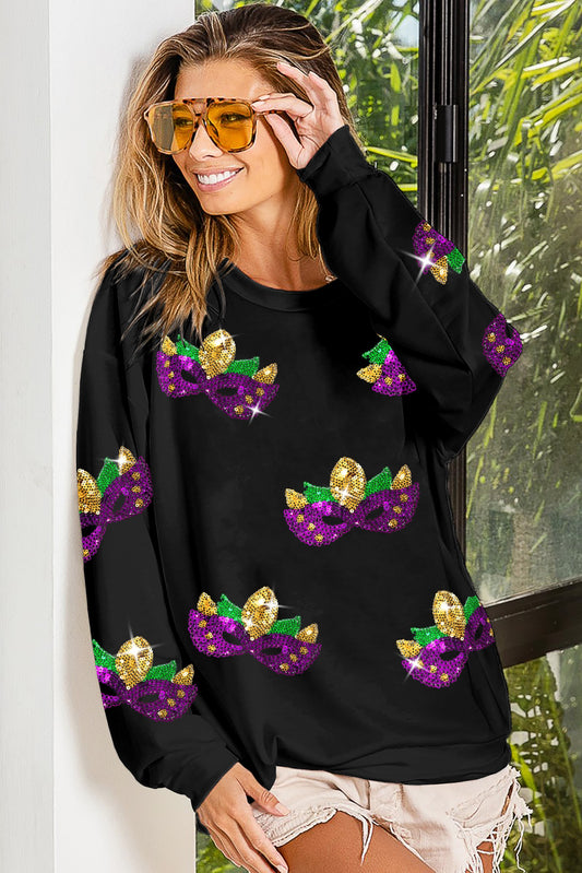 MARDI GRAS MASK SEQUIN PATCHES PULLOVER- BLACK