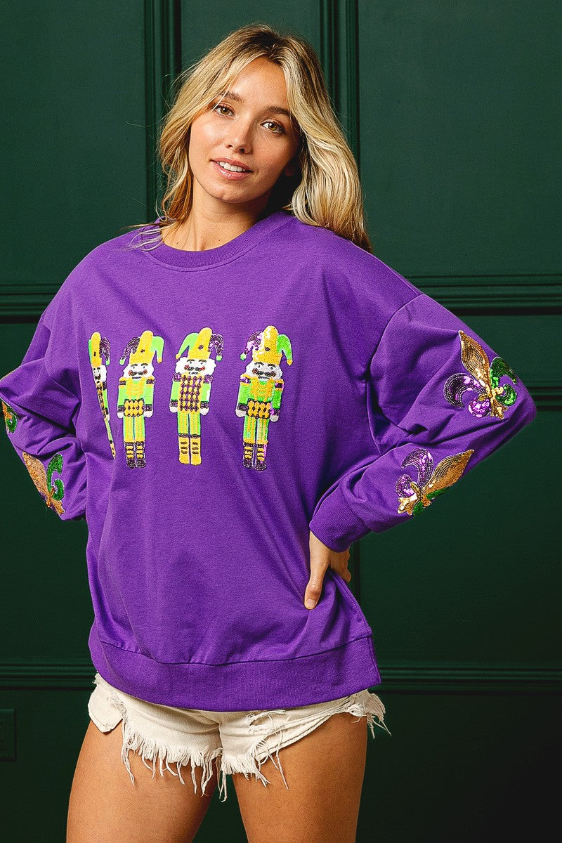 Nutcracker SEQUIN MARDI GRAS PATCHES AND EMBROIDERY PULLOVER