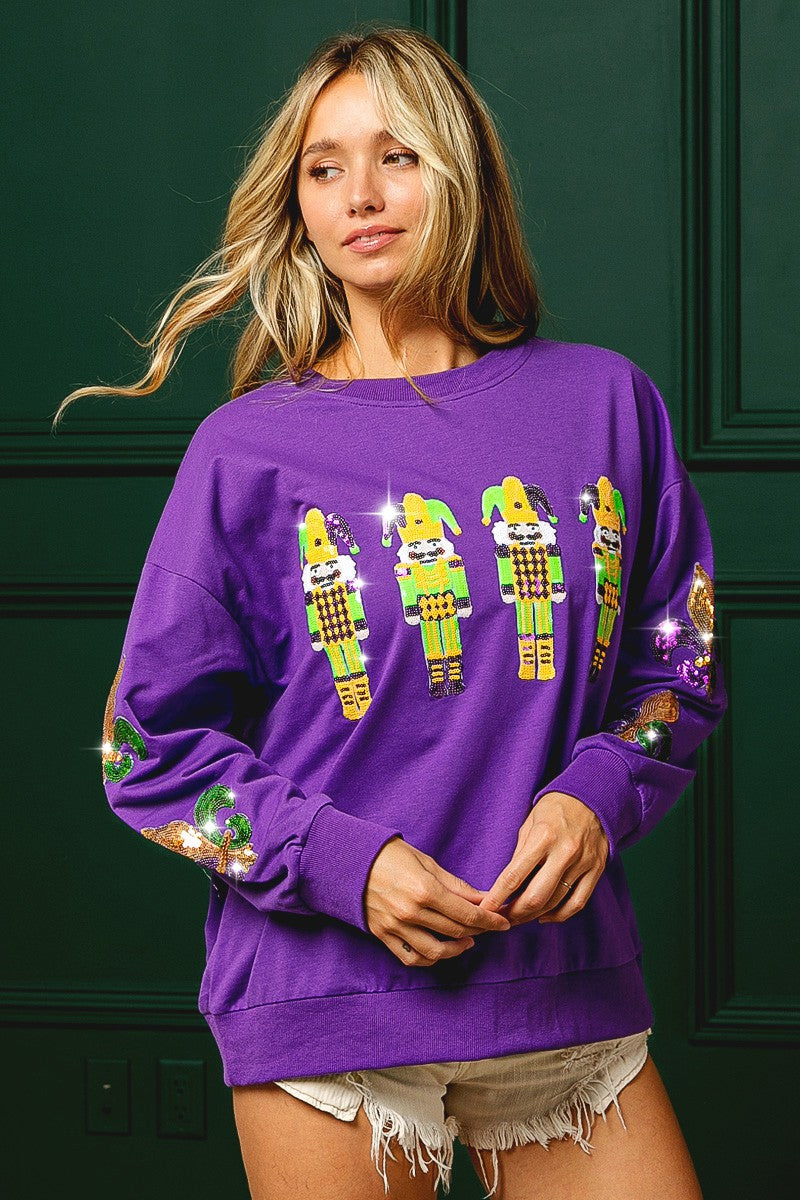 Nutcracker SEQUIN MARDI GRAS PATCHES AND EMBROIDERY PULLOVER