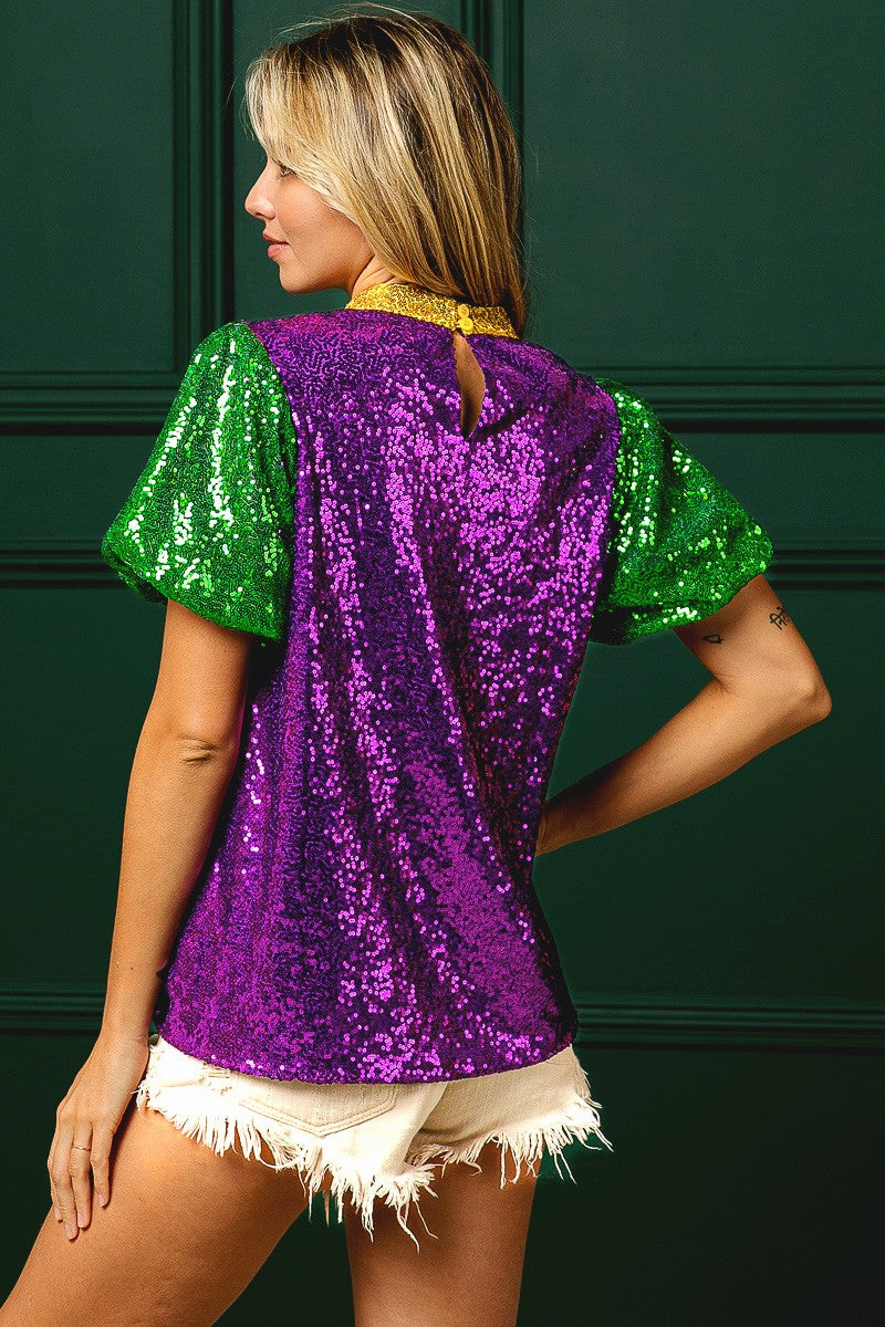 MARDI GRAS SEQUIN PUFF SLEEVE TOP