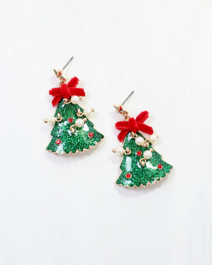 Christmas Tree Earring with Bow and Pearls