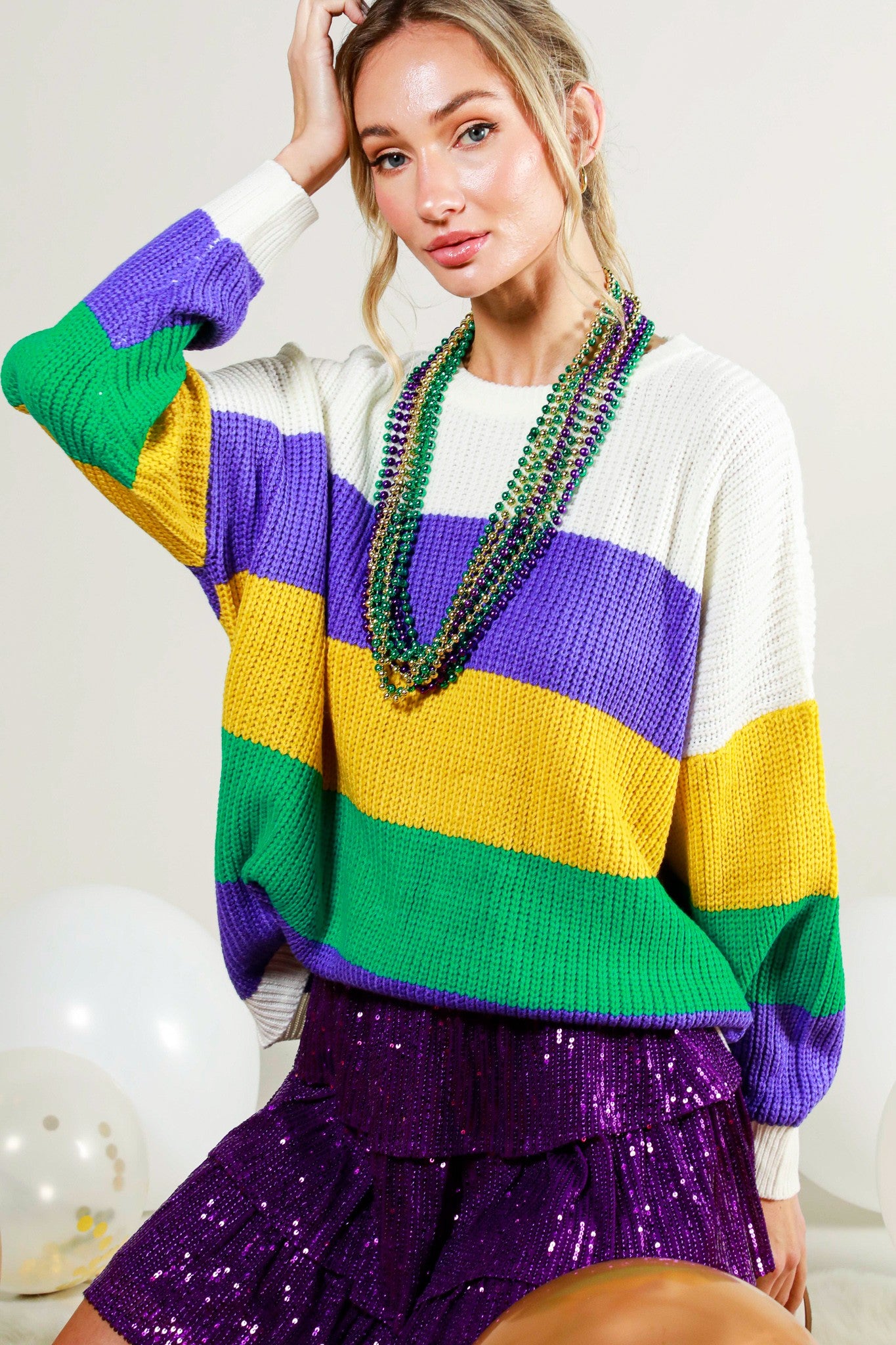 CONTRAST DETAIL MARDIGRAS SWEATER TOP- WHITE