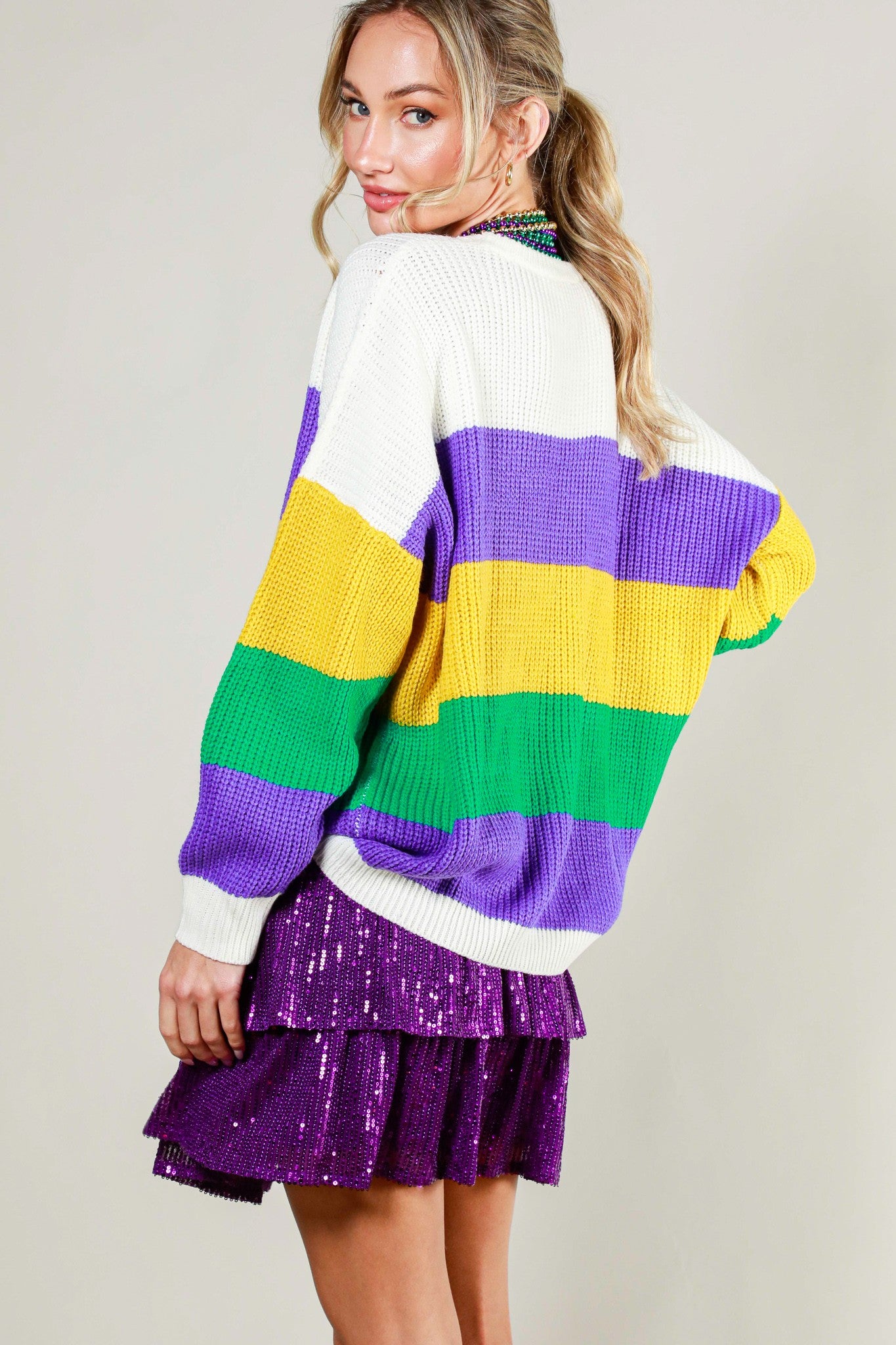 CONTRAST DETAIL MARDIGRAS SWEATER TOP- WHITE