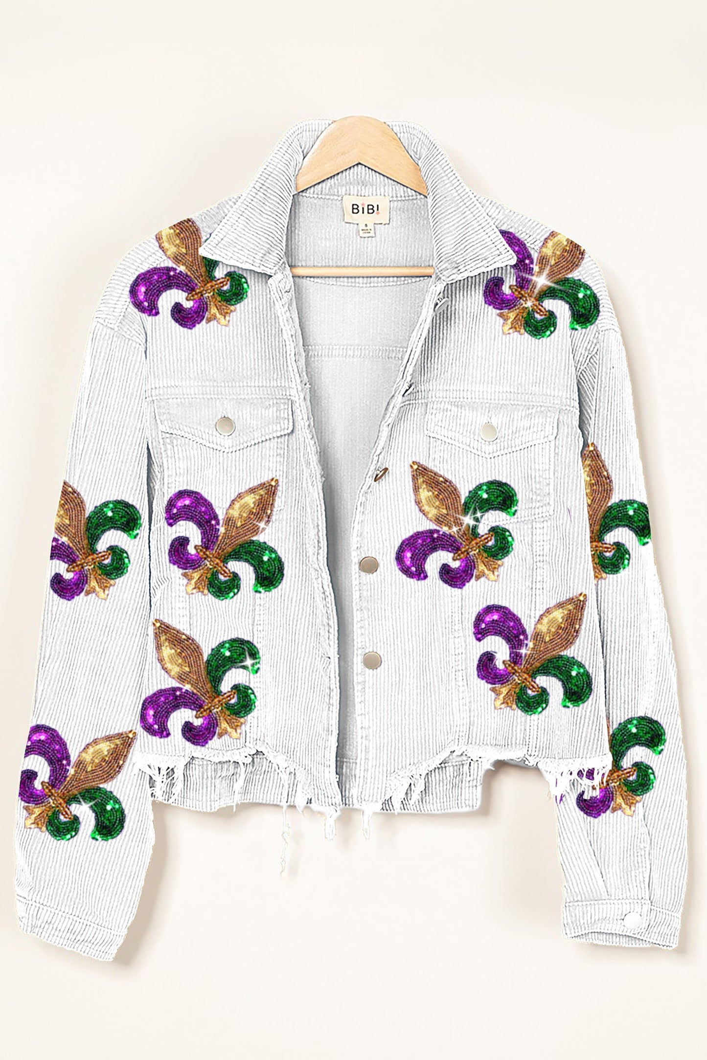 FLEUR DE LIS SEQUIN PATCHES MARDI JACKET- OFF WHITE